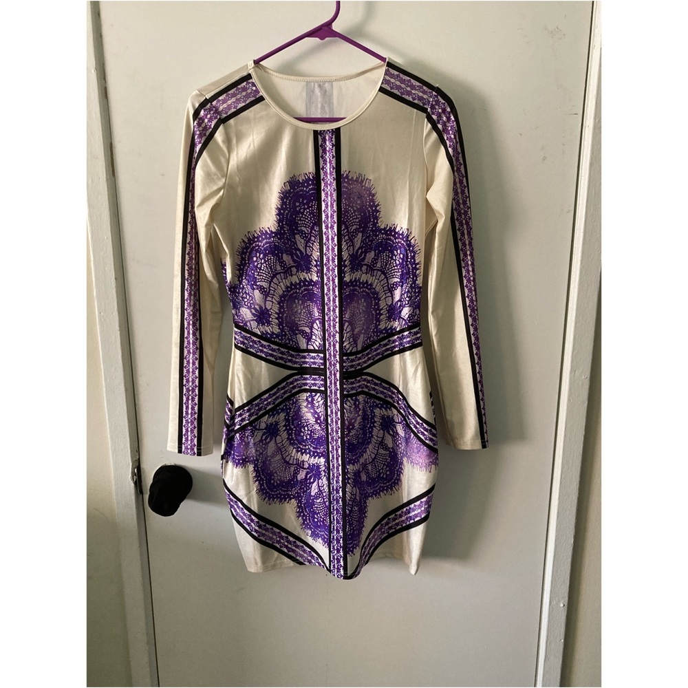 Purple & tan bodycon dress, size medium.